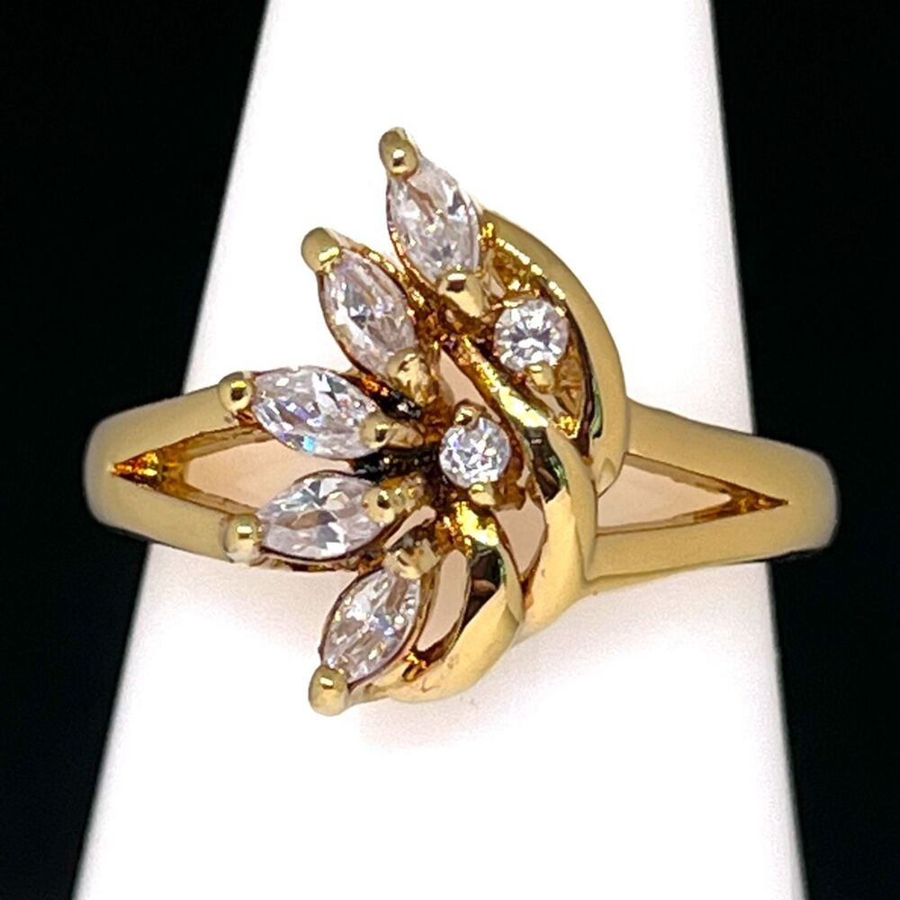 Vintage 1970s Ring Size 8 CZ Cluster Marquise Prong Set Gold Plated - 14I